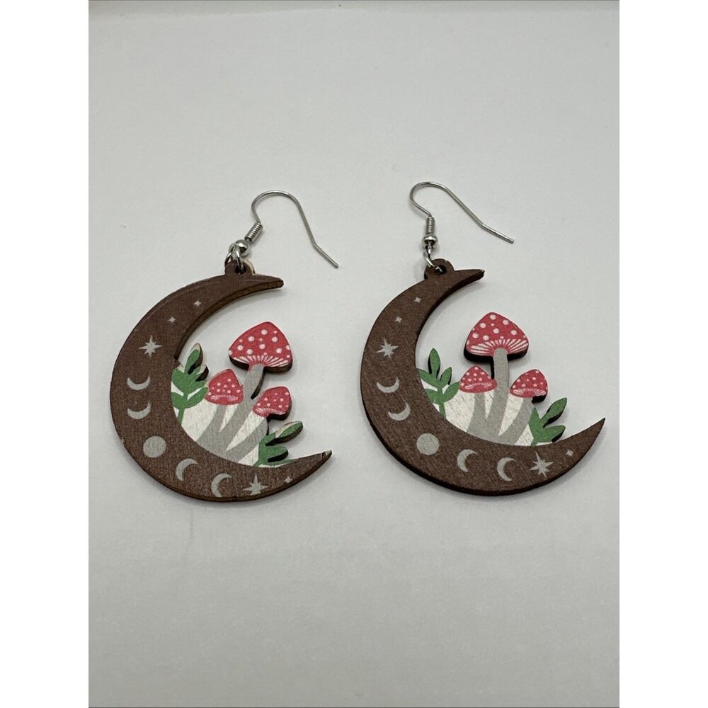 Hippie Moon Mushroom Wooden Earrings Light Wearing 2.5”